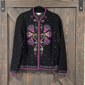 Carson Women’s Embroidered Black Wool Cardigan with Purple Accents Floral Medium